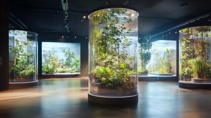 An innovative botanical exhibition with transparent plant displays and holographic information style