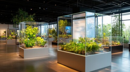 An innovative botanical exhibition with transparent plant displays and holographic information style