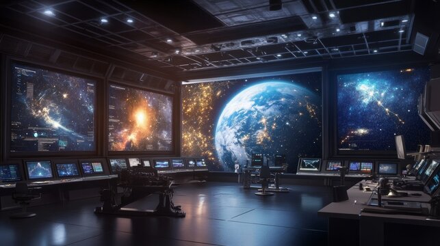 An innovative astronomy lab with interactive digital star charts and bioluminescent space models style