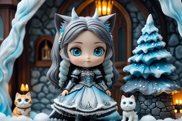 Cute little 3D doll in children's cartoon style, animated fantasy. Artistic background. Artistic illustration. Cartoon stylized illustrated art.