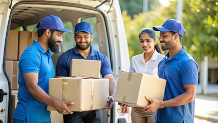 A group of Indian delivery crew members loading packages into a delivery van, emphasizing teamwork and efficiency.