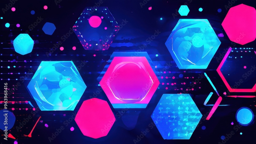 Poster abstract digital design featuring vibrant hexagonal shapes and glowing effects.