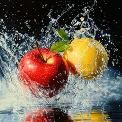 Design a high-resolution scene where strawberries, blueberries, blackberries, and raspberries spin mid-air, surrounded by dynamic water splashes, each droplet reflecting light and capturing the vibran