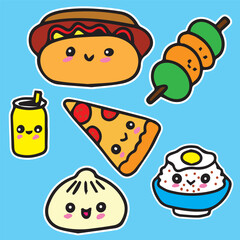 cute food character sticker illustration can pizza bowl of rice hamburger sandwich rice cake set of 4 high quality vector in blue background  for prints kids children comic style kawaii cartoon