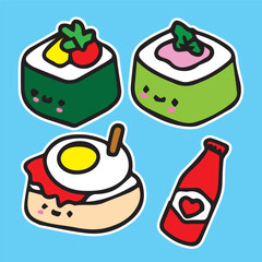 cute food character sticker illustration sushi egg ketchup bottle love rice cake set of 4 high quality vector in blue background  for prints kids children comic style kawaii cartoon