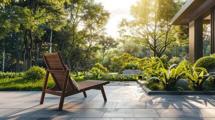 Obraz premium Wooden chair in outdoor patio with garden view