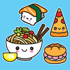 cute food character sticker illustration sushi burger pizza noodles with chopsticks sandwich rice cake set of 4 high quality vector in blue background  for prints children comic style kawaii cartoon