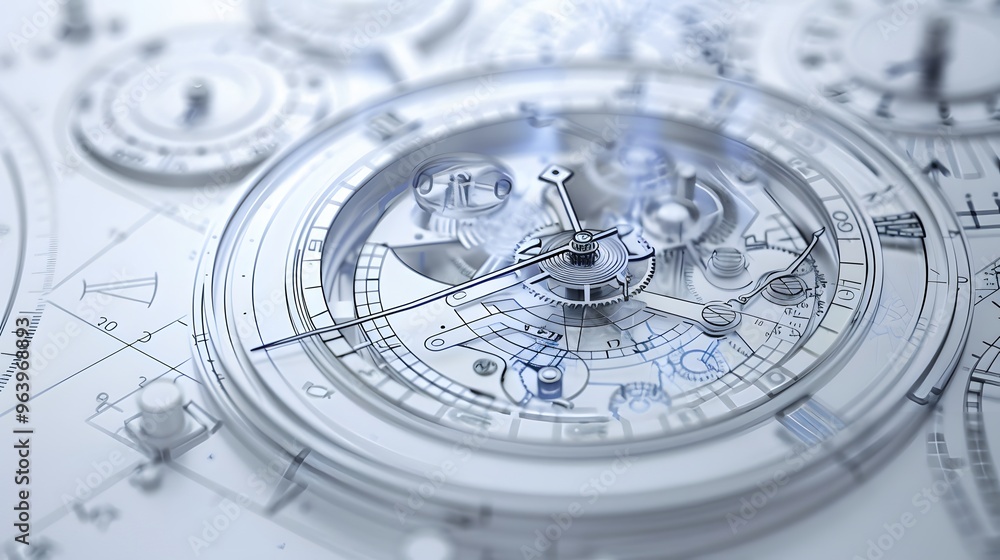 Poster 3d blueprint showcasing the inner workings of an advanced mechanical clock