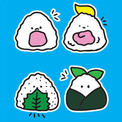 Cute sushi rice cakes Japanese food icon cartoon Korean Asian cuisine set character with different flavour food love lover high quality vector sticker set of 4