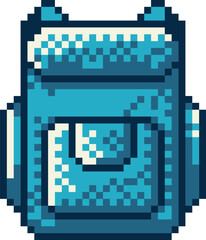 Abstract blue backpack in pixel art style simple icon. Retro 8 bit gaming flat pixel art style, modern logotype graphic illustration.