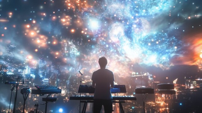 An innovative spiritual music concert with interactive digital instruments and holographic spiritual visuals style