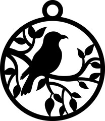 Design featuring a black silhouette of a bird perched on a branch with leaves inside a circle. This laser cutting template is perfect for creating round shaped earrings or wall decoration.