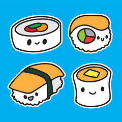 cute food sticker icon set for children sushi rice balls japanese food in blue background simple doodle comic style for high quality print vector kid children books 