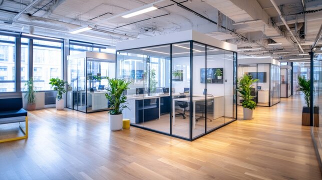 An innovative startup space with transparent meeting pods and neon brainstorming boards