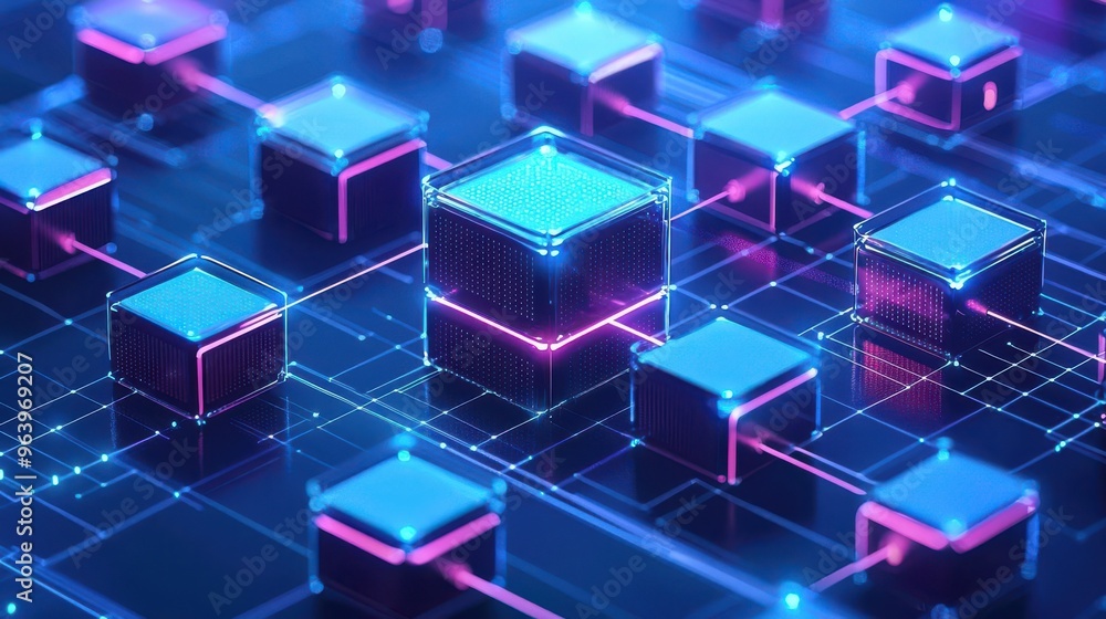 Poster futuristic technology background featuring glowing blocks interconnected in a digital network, perfe