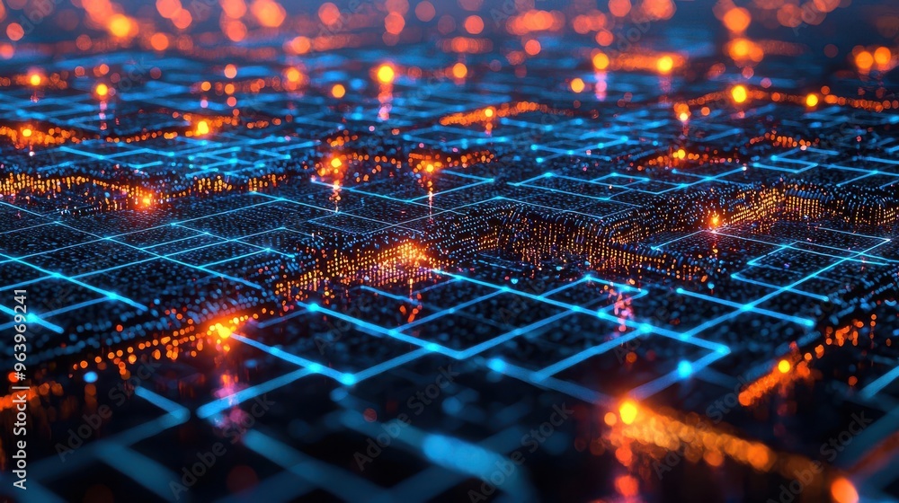 Poster vibrant digital grid with glowing particles, symbolizing technology and innovation in a high-tech en