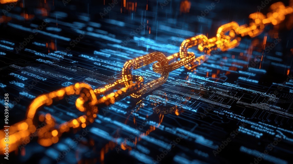 Poster a close-up of a glowing chain amidst digital data streams, symbolizing connectivity and innovation i