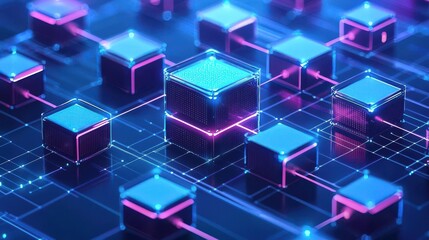 Obraz premium Futuristic technology background featuring glowing blocks interconnected in a digital network, perfect for tech-related designs.