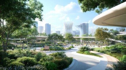 An innovative urban park with interactive digital playgrounds and holographic vegetation