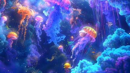 Colorful Jellyfish Underwater with Sparkling Lights