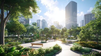 Fototapeta premium An innovative urban park with interactive digital playgrounds and holographic vegetation