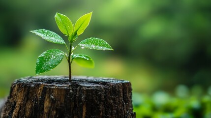 Resilience and Growth - Young Tree Sprouting from Ancient Stump with Raindrops and Soft Light