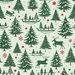 Obraz premium Vintage Christmas pattern with reindeer, trees, snowflakes, and festive sleigh rides