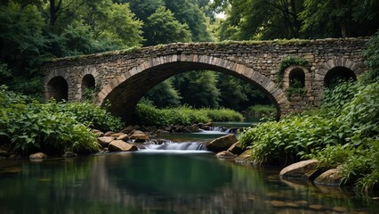 Fototapeta premium An ancient stone bridge covered in creeping vines, with a clear stream flowing underneath, set against a backdrop of a lush forest.