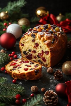 Holiday dessert a Panettone with exotic fruits and nuts, surrounded by Christmas decorations and lights