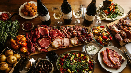 A traditional Italian feast with roasted meats, seasonal vegetables, and a selection of Italian wines on a grand table