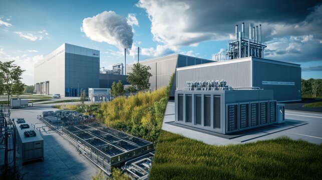 A visual comparison of a traditional data center vs a hydrogen-powered one, showcasing energy savings and sustainability - Powered by Adobe