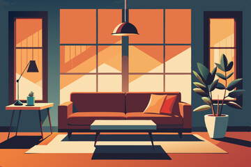 Warm living room with windows, sofa and flowers. Home comfort vector illustration Vector.