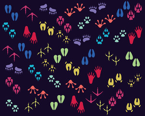 fantasy color animal footprint step seamless pattern.animal paw doodle illustration