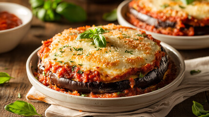 A classic Italian dish of eggplant Parmesan with layers of breaded eggplant, marinara sauce, and melted mozzarella