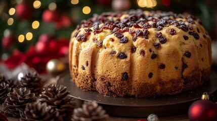 Holiday dessert a Panettone with exotic fruits and nuts, surrounded by Christmas decorations and lights