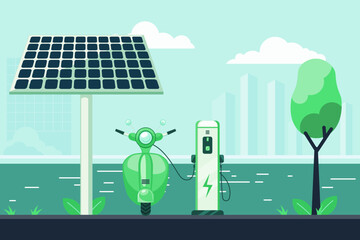 Solar battery and electric scooter charging on the waterfront. Modern city buildings in the distance.