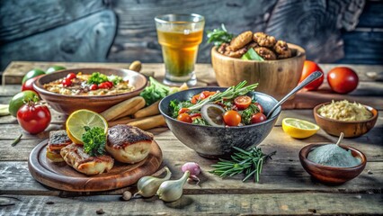 A vibrant display of gourmet dishes, fresh ingredients, and refreshing beverages showcasing culinary artistry