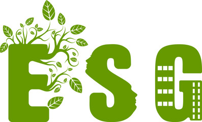 Green letters ESG, concepts on environmental, social and corporate sustainability performance management for investment screening. Letter E with branches and leaves, S with faces and G with windows.