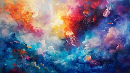 Abstract Dreamy Watercolor Jellyfish in a Colorful Sky