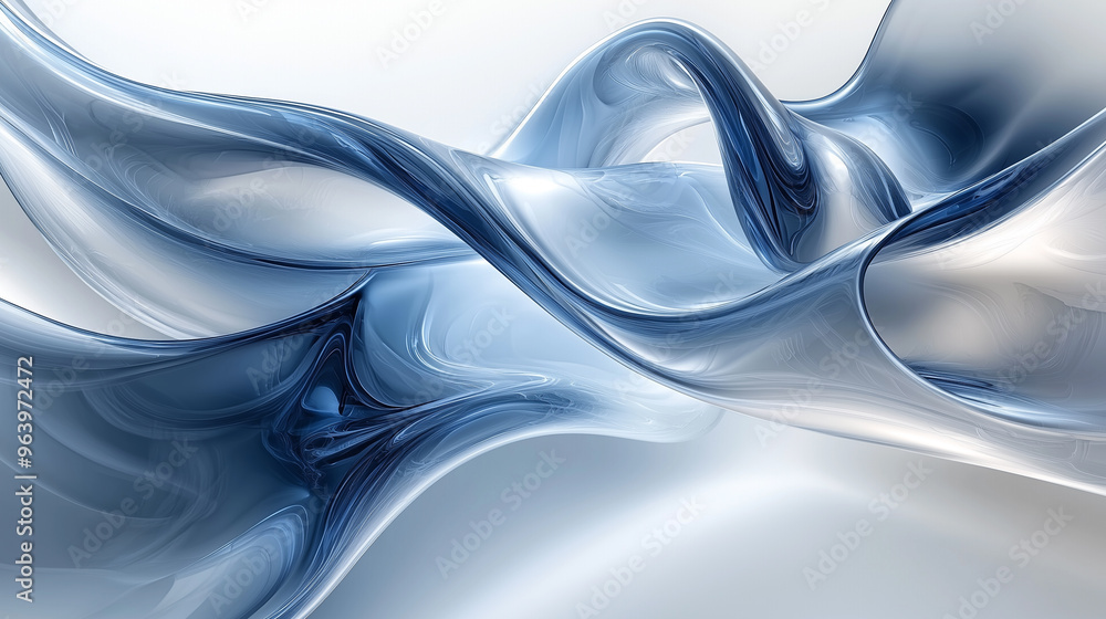 Poster abstract fluid shapes in vibrant red and blue tones, blending smooth curves and soft gradients.