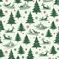 Obraz premium Vintage Christmas pattern with reindeer, trees, snowflakes, and festive sleigh rides