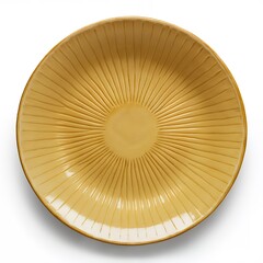 Vibrant yellow ceramic plate with radial pattern. Isolated on white background