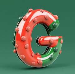 Cartoon 3D letter "G", decorated in the theme of christmas, colour [green, brown and gold], clean background