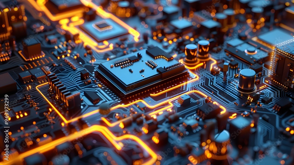 Poster a close up of a computer chip. the chip is made up of many small parts, including capacitors and res