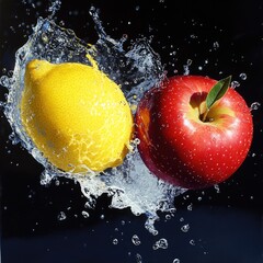 Design a high-resolution scene where strawberries, blueberries, blackberries, and raspberries spin mid-air, surrounded by dynamic water splashes, each droplet reflecting light and capturing the vibran