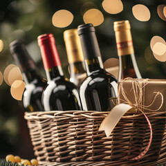 Wicker basket with bottles of wine and gift box against blurred background, closeup