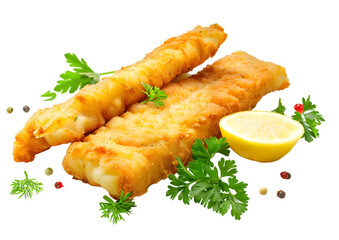 Crispy golden fried fish fillets with lemon wedges. Isolated on a transparent background.