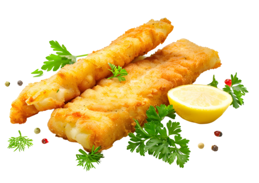 Crispy golden fried fish fillets with lemon wedges. Isolated on a transparent background. - Powered by Adobe