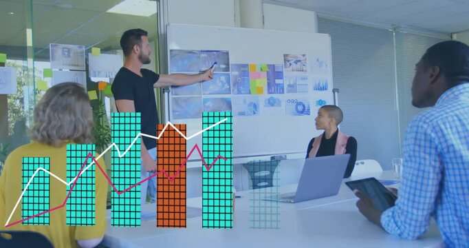 Animation of financial data processing over diverse business people in office - Powered by Adobe