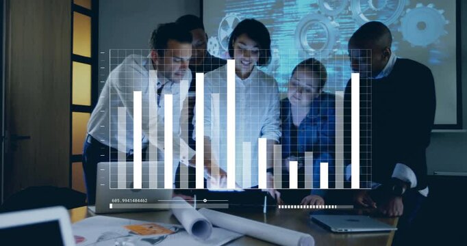 Animation of financial data processing over diverse business people in office